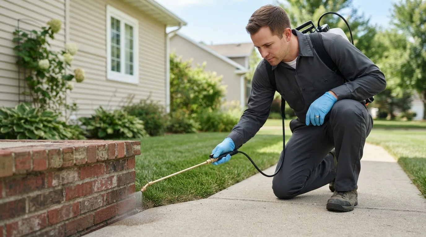 Pest control technician treating a home near Preston, OK