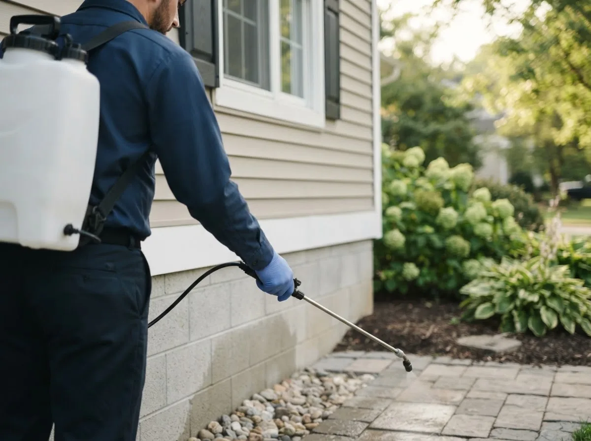Pest control technician inspecting a home in Preston, OK